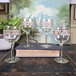 Vintage Frosted Gold Pinecone Glasses Set of 4 Mid Century Cordial/Wine Glasses